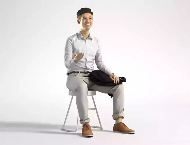 Man Asian Business Suit Sitting Low poly Ray 001