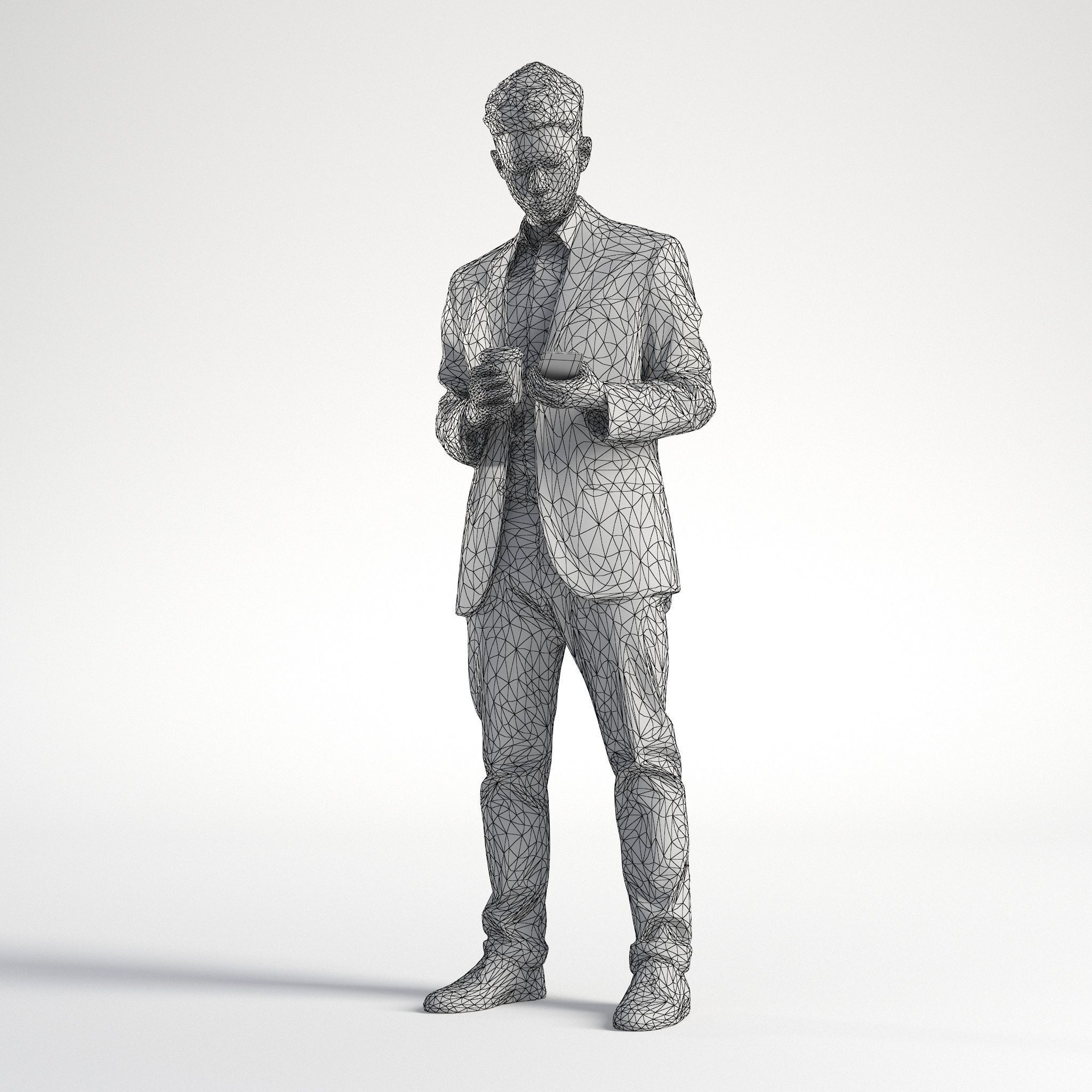 Man Asian Business Suit Standing with Phone and Coffee Ray 002 3D model_9