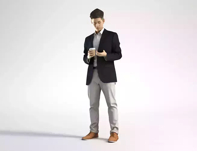 Man Asian Business Suit Standing with Phone and Coffee Ray 002