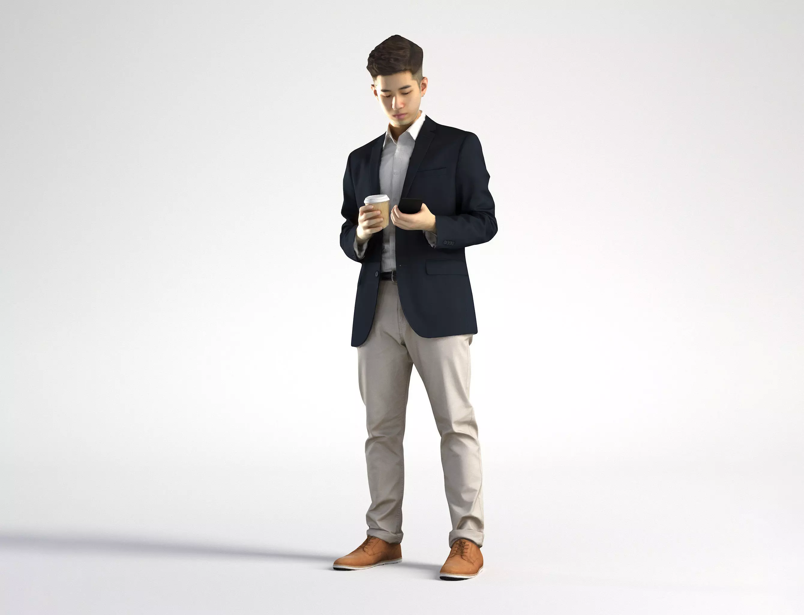 Man Asian Business Suit Standing with Phone and Coffee Ray 002 3D model_0