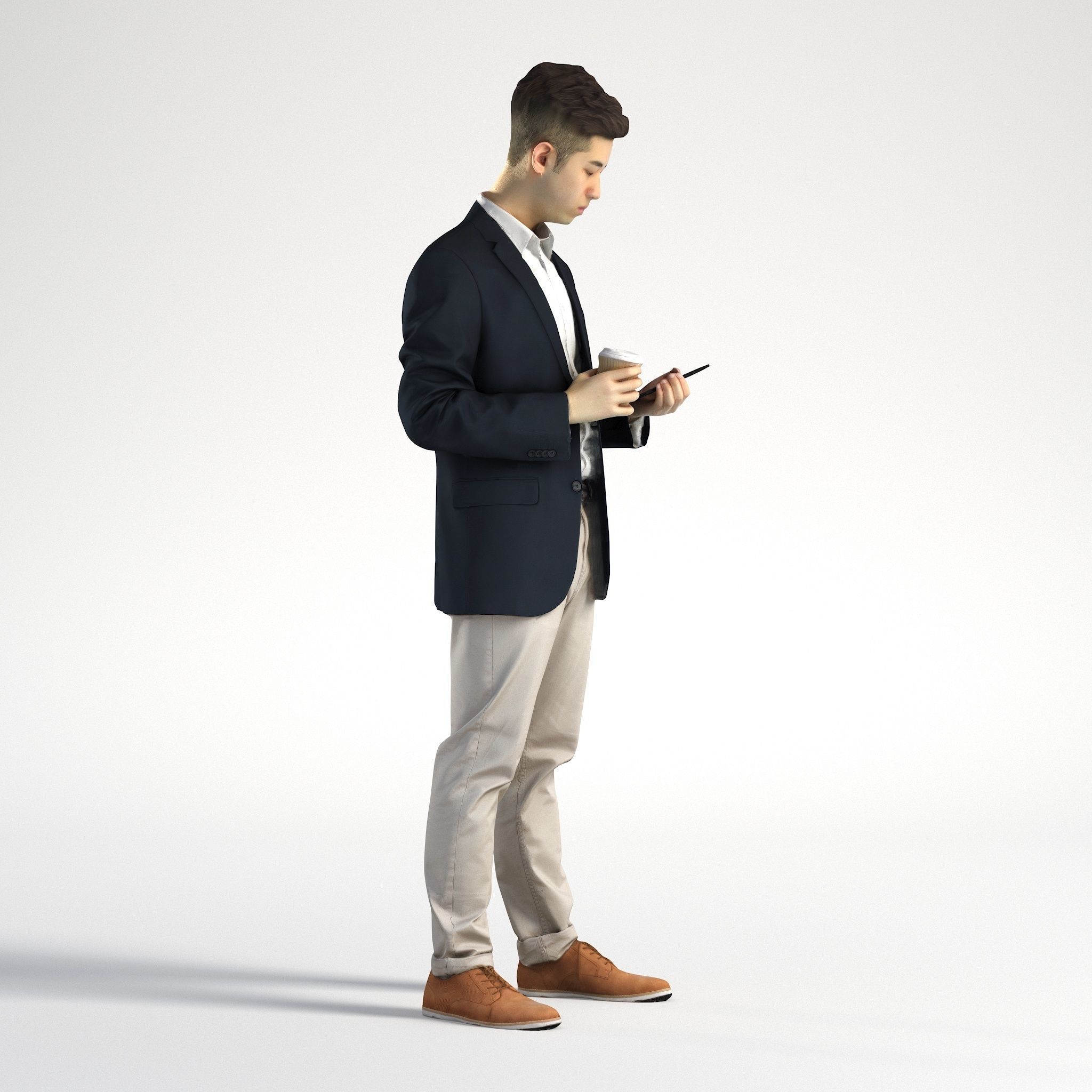 Man Asian Business Suit Standing with Phone and Coffee Ray 002 3D model_2