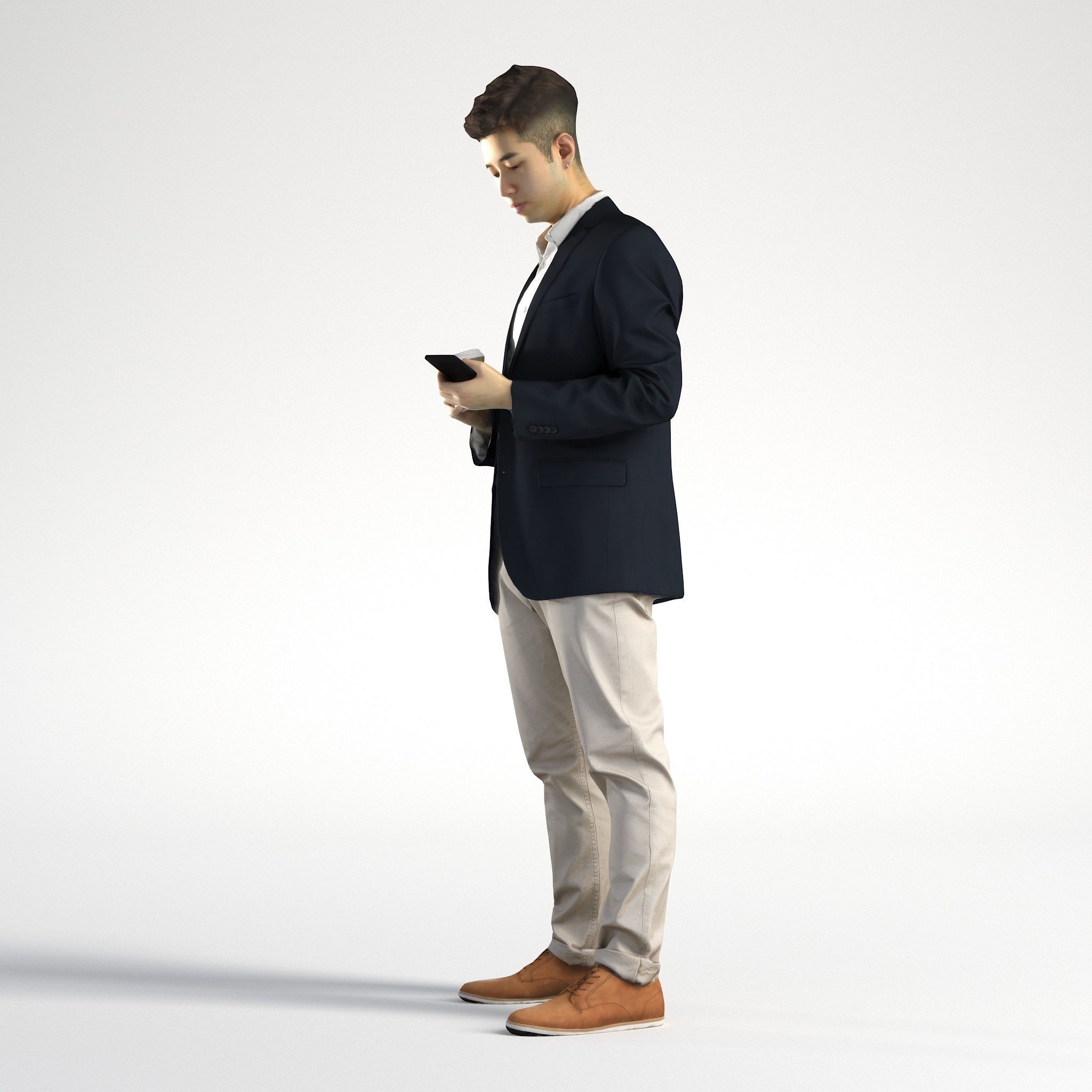 Man Asian Business Suit Standing with Phone and Coffee Ray 002 3D model_7