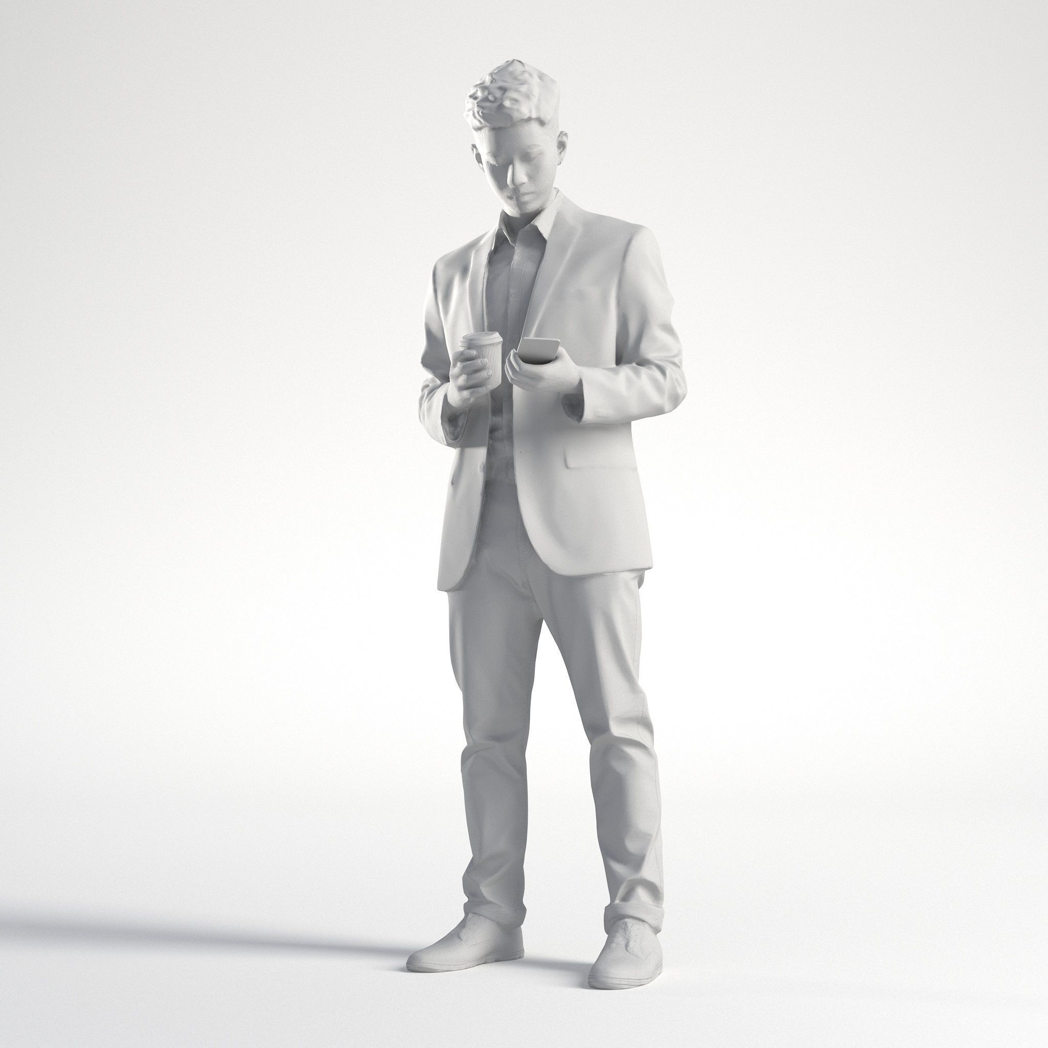 Man Asian Business Suit Standing with Phone and Coffee Ray 002 3D model_8