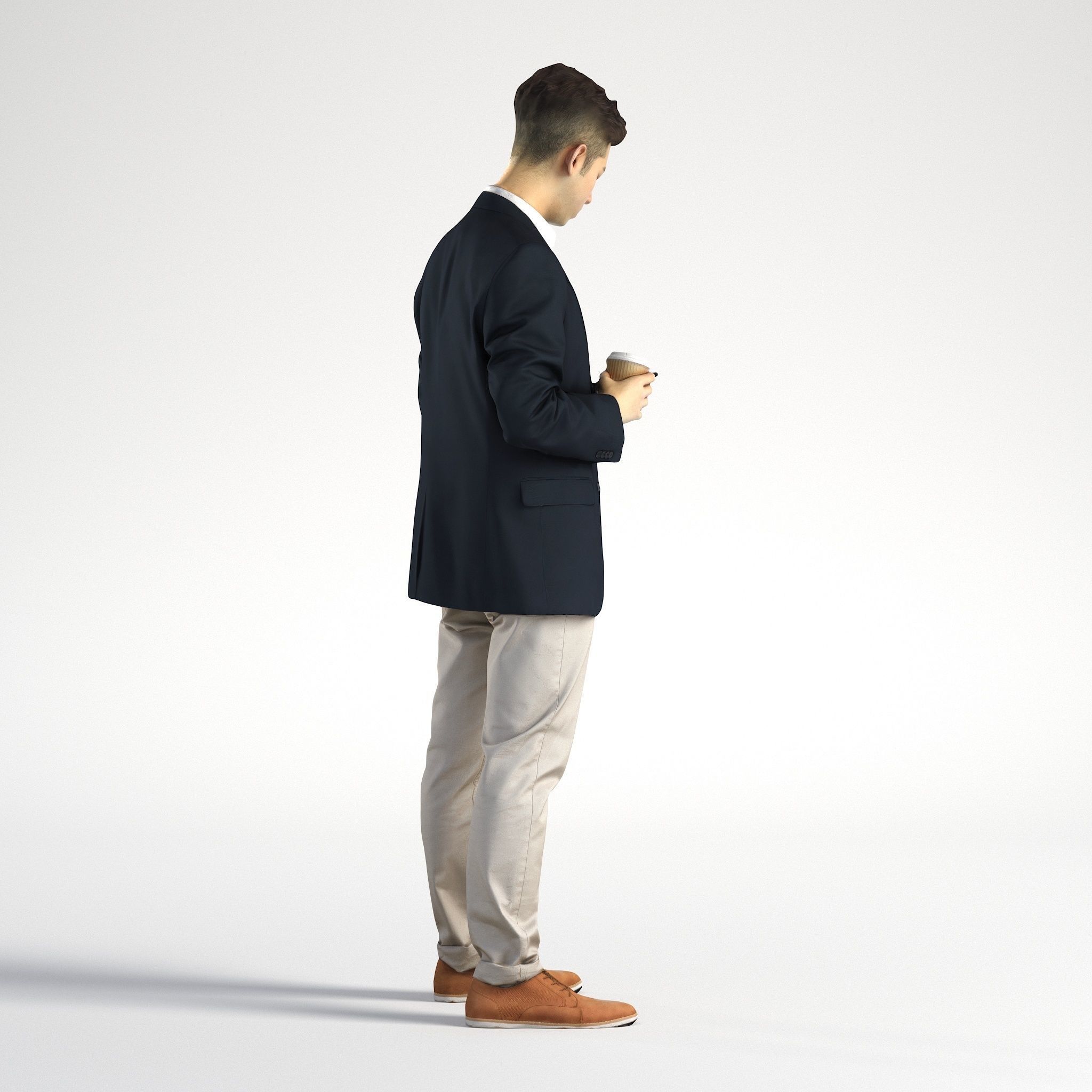 Man Asian Business Suit Standing with Phone and Coffee Ray 002 3D model_3