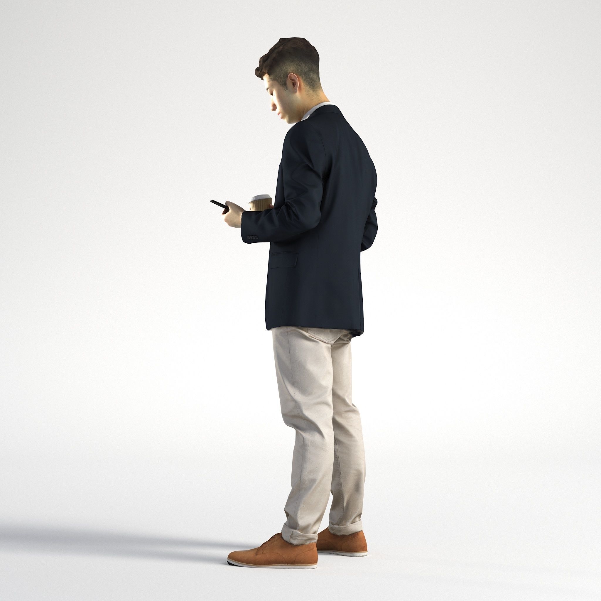 Man Asian Business Suit Standing with Phone and Coffee Ray 002 3D model_6