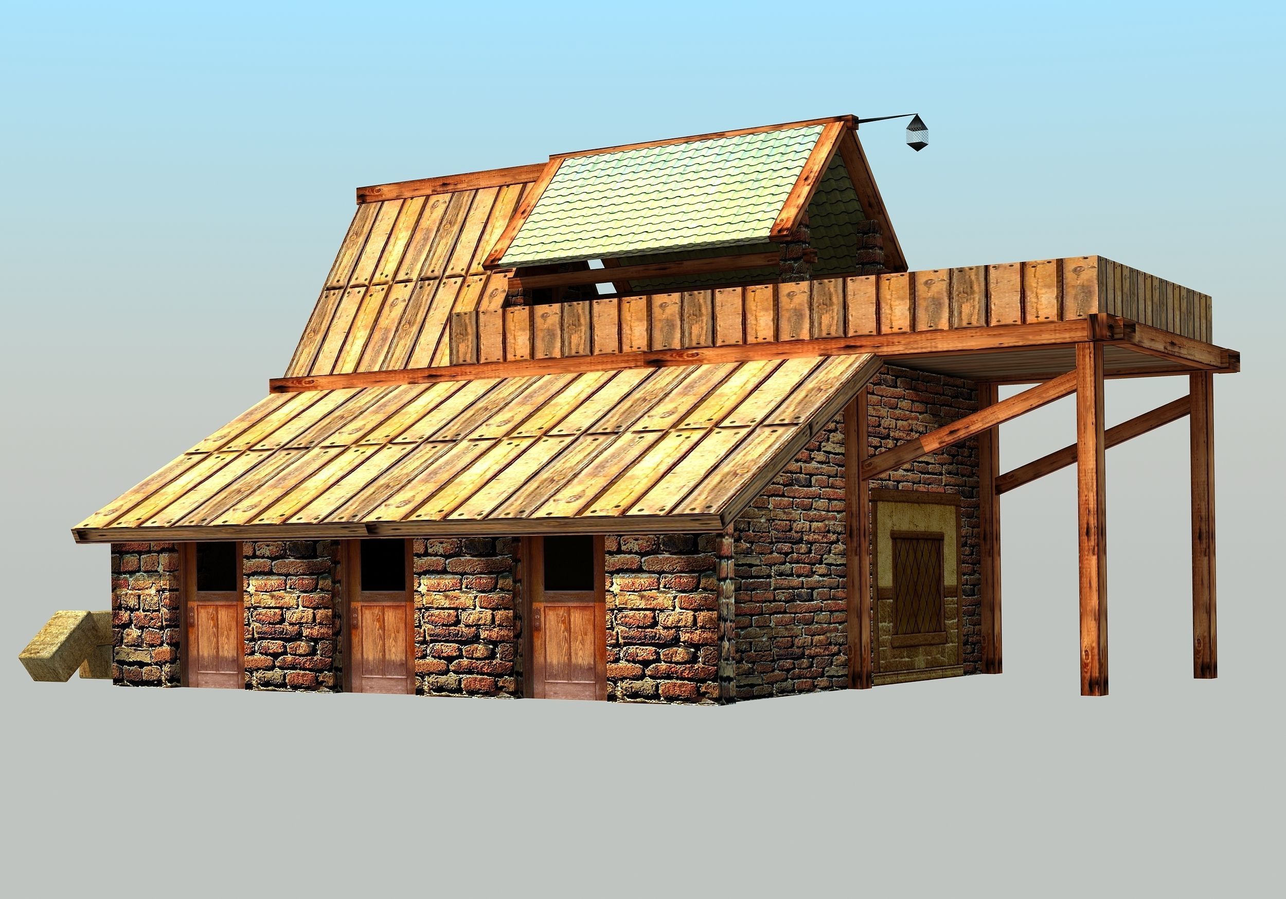 Barn - Low Poly wooden house with hay on roof Low-poly 3D model_5