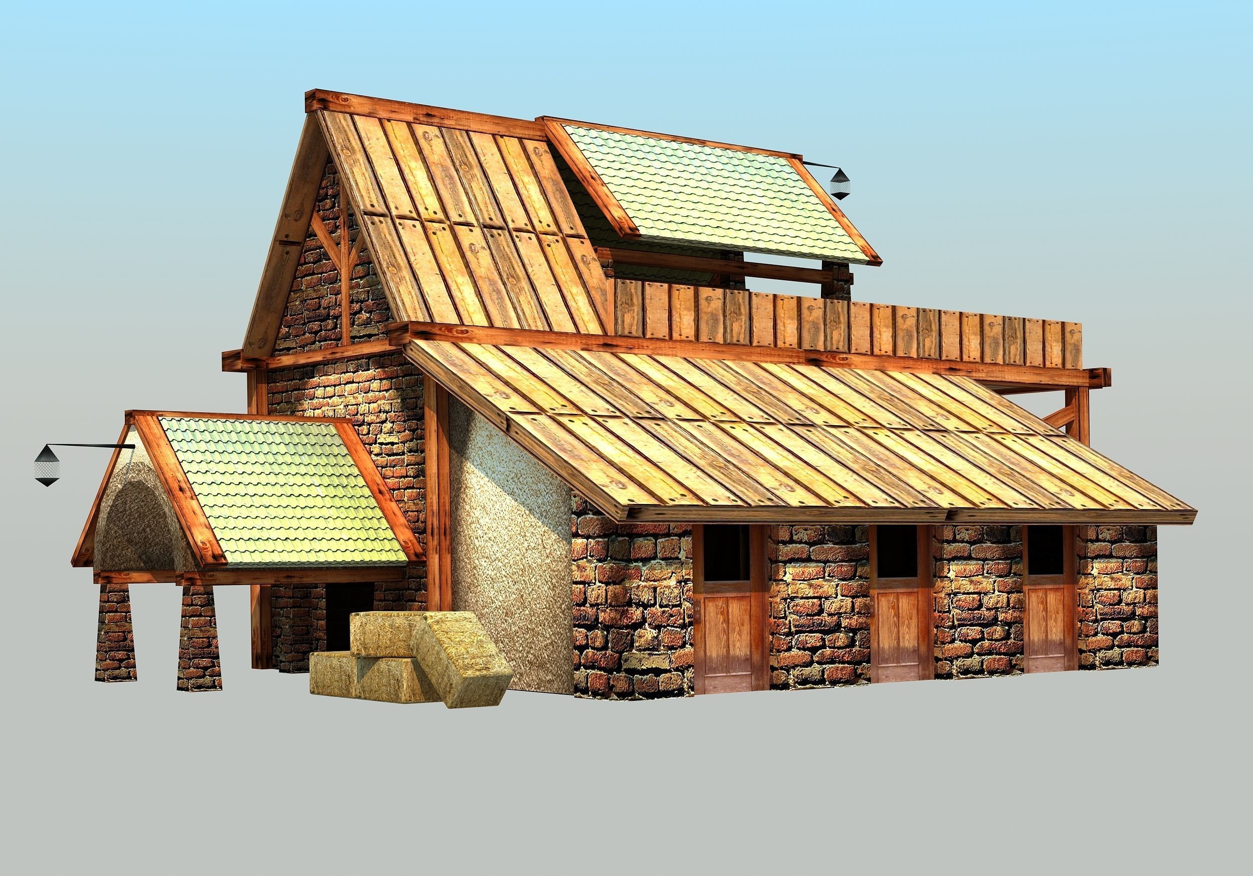 Barn - Low Poly wooden house with hay on roof Low-poly 3D model_3