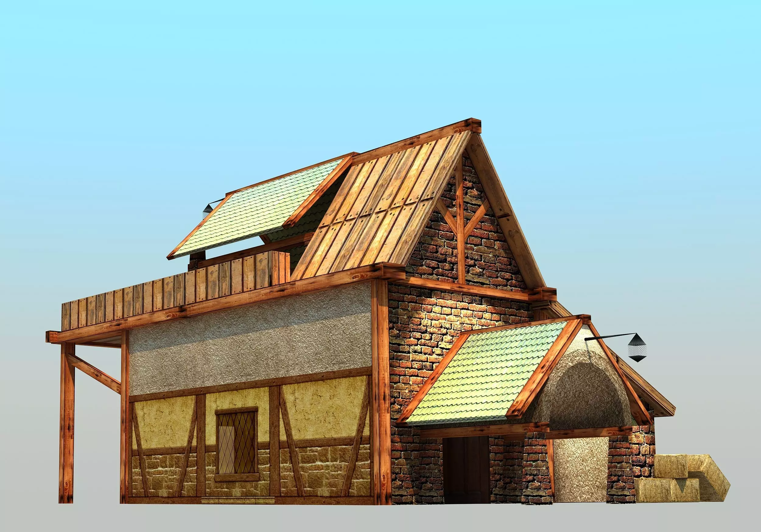 Barn - Low Poly wooden house with hay on roof Low-poly 3D model_0