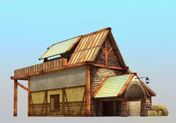 Barn - Low Poly wooden house with hay on roof
