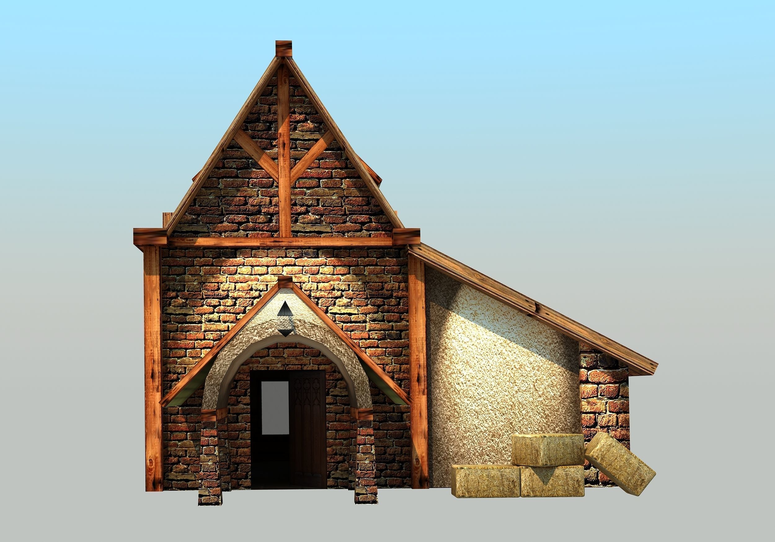 Barn - Low Poly wooden house with hay on roof Low-poly 3D model_2