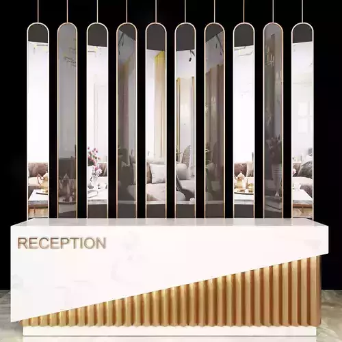 Reception desk with mirrors and gold accents