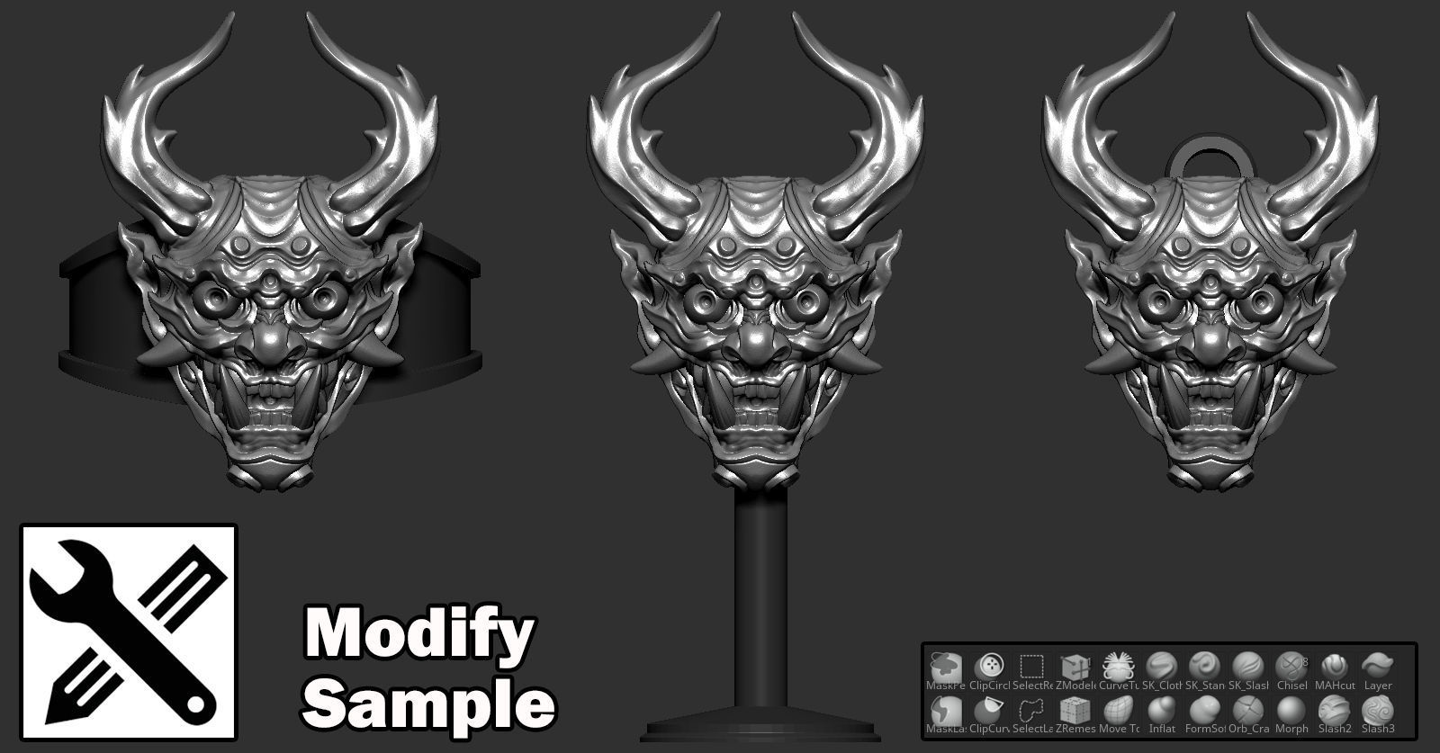 Hannya three demon masks with horns 3D print model_5