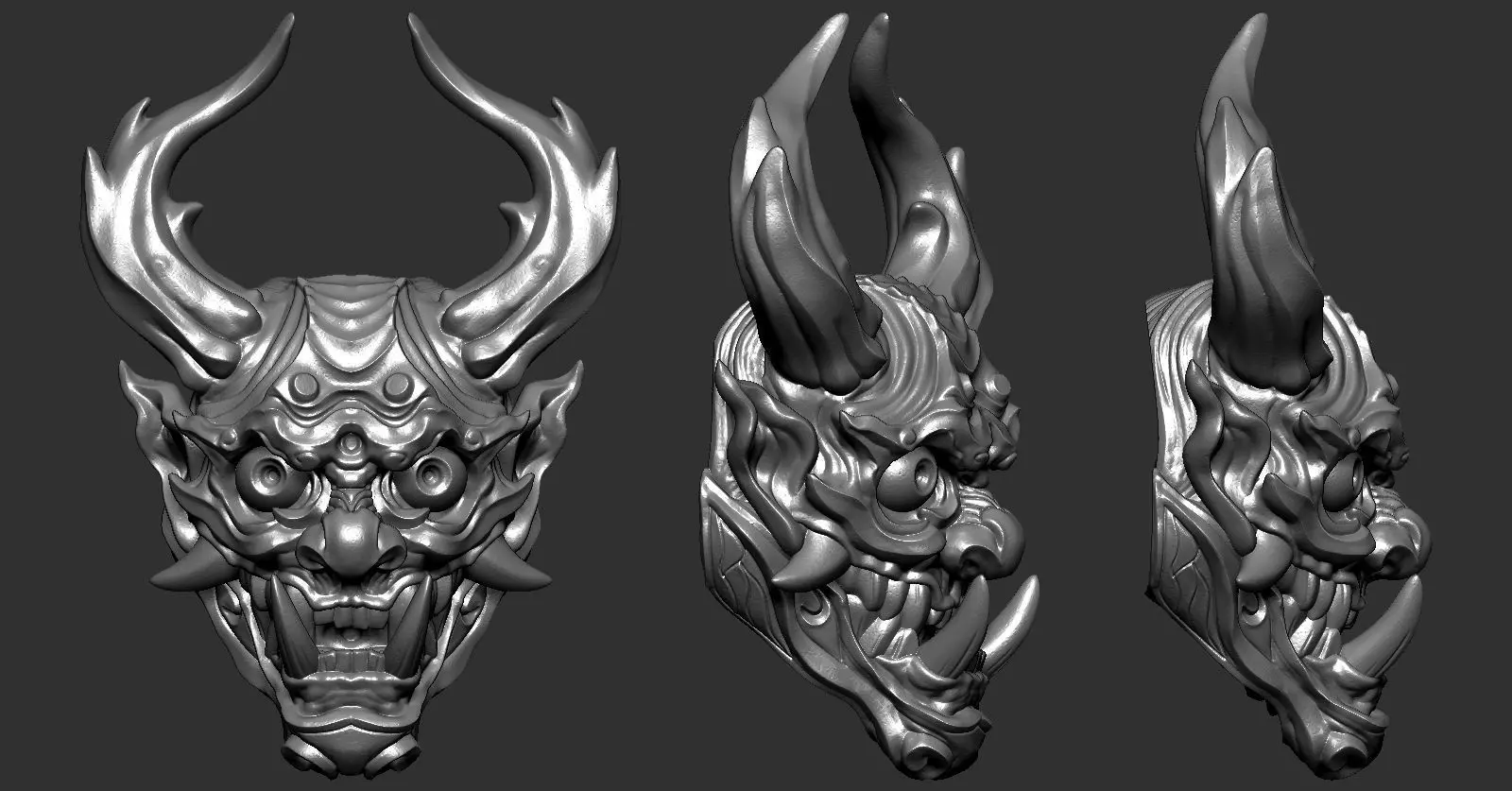 Hannya three demon masks with horns 3D print model_0
