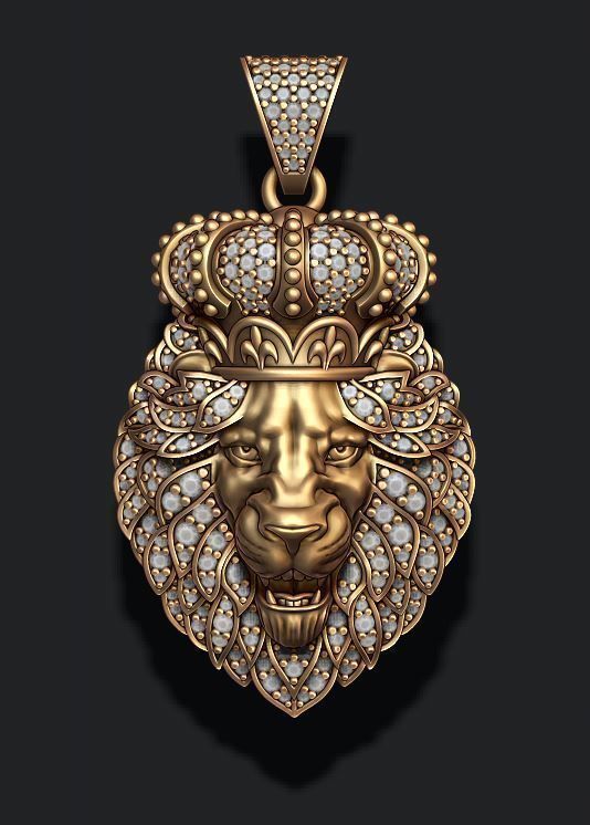 Leon pendant with royal crown diamonds and opened mouth  021 3D print model_2
