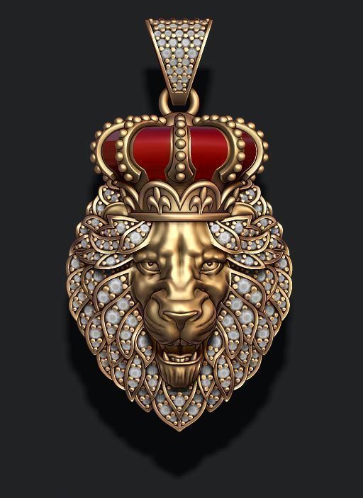 Leon pendant with royal crown diamonds and opened mouth  021 3D print model_4