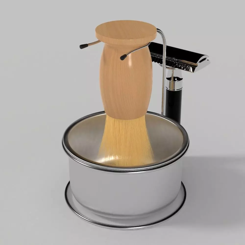 Shaving Set wooden brush in bowl 3D model_0
