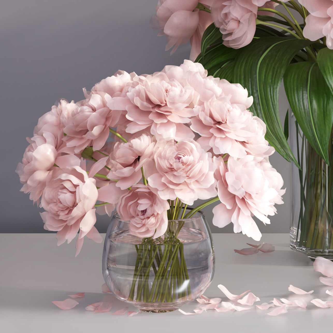 Elegant pink peonies in 2 vases 3D model_13