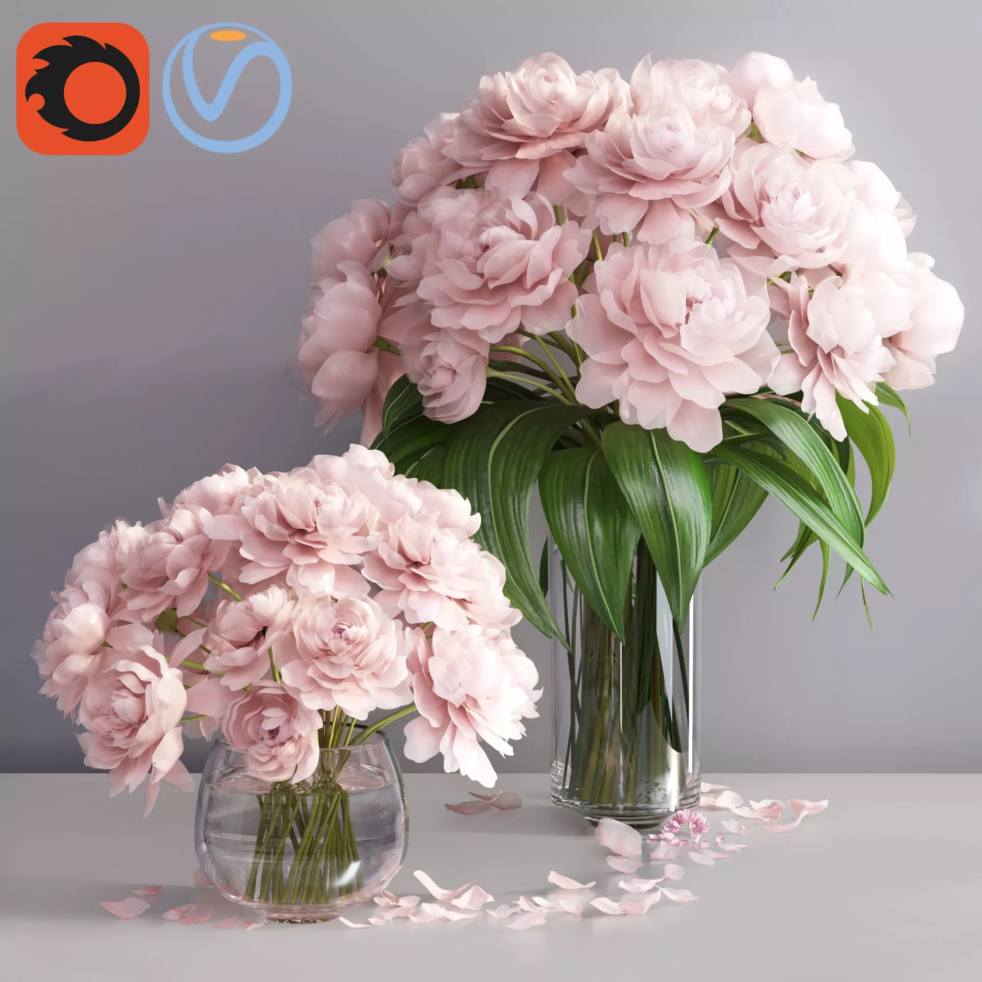 Elegant pink peonies in 2 vases 3D model_0