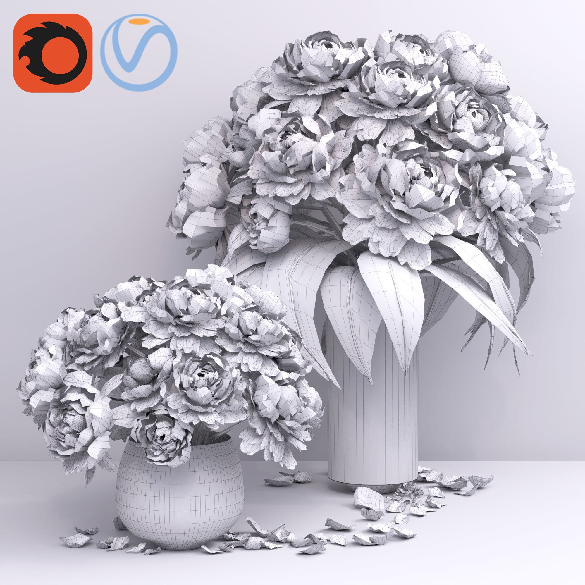 Elegant pink peonies in 2 vases 3D model_6