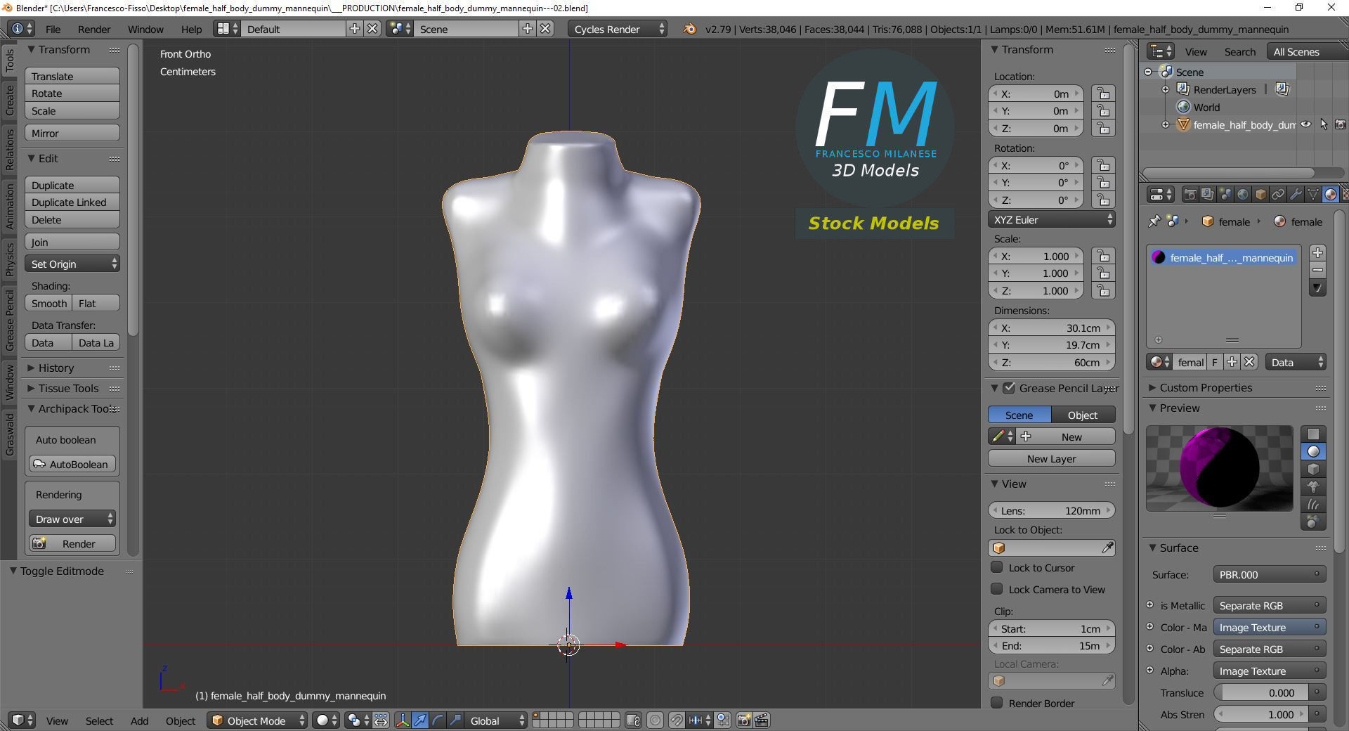 Female half body dummy mannequin 3D model_9