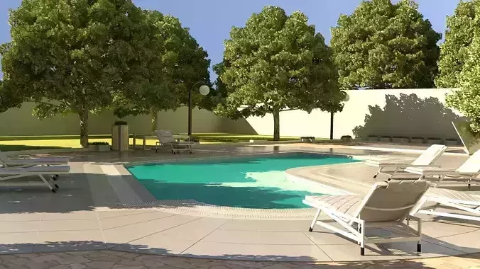 waterpool swimming pool with lounge chairs and trees 3D model