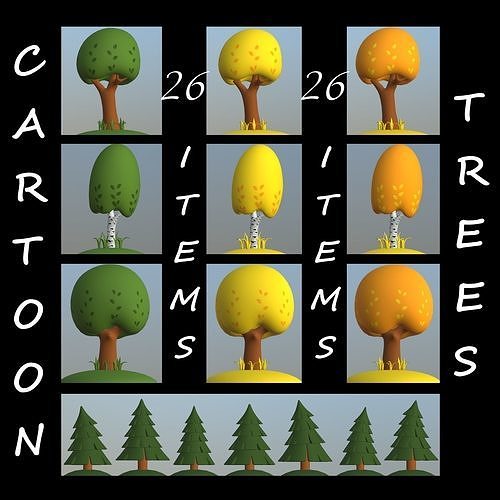 Cartoon trees pack Low-poly 3D model
