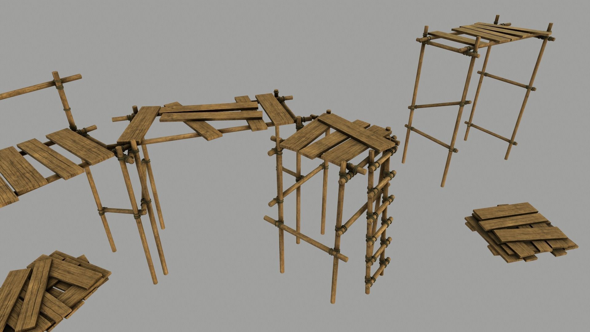 Modular Wooden Scaffold PBR Low-poly 3D model_16