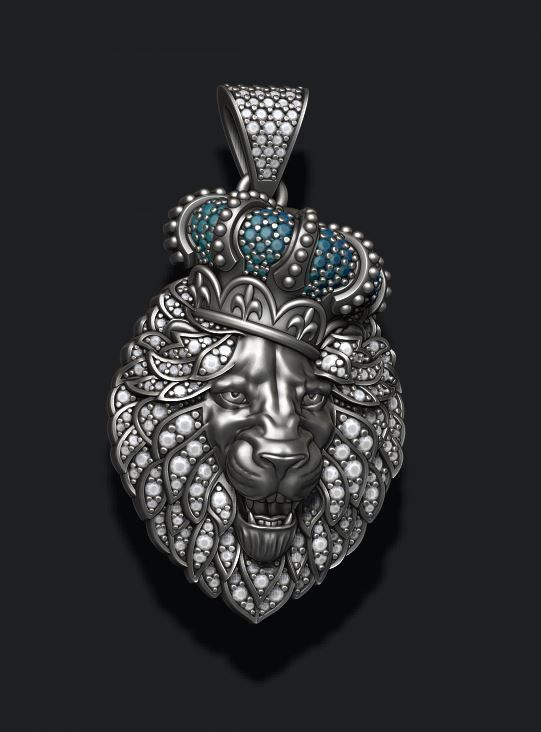Leon pendant with royal crown diamonds and opened mouth 022 3D print model_3