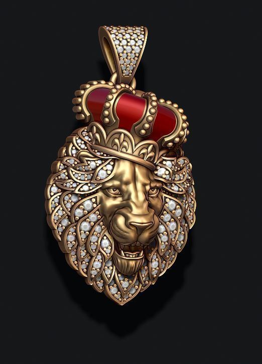 Leon pendant with royal crown diamonds and opened mouth 022 3D print model_1