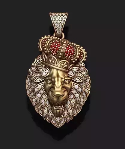 Leon pendant with royal crown diamonds and opened mouth 022 3D print model