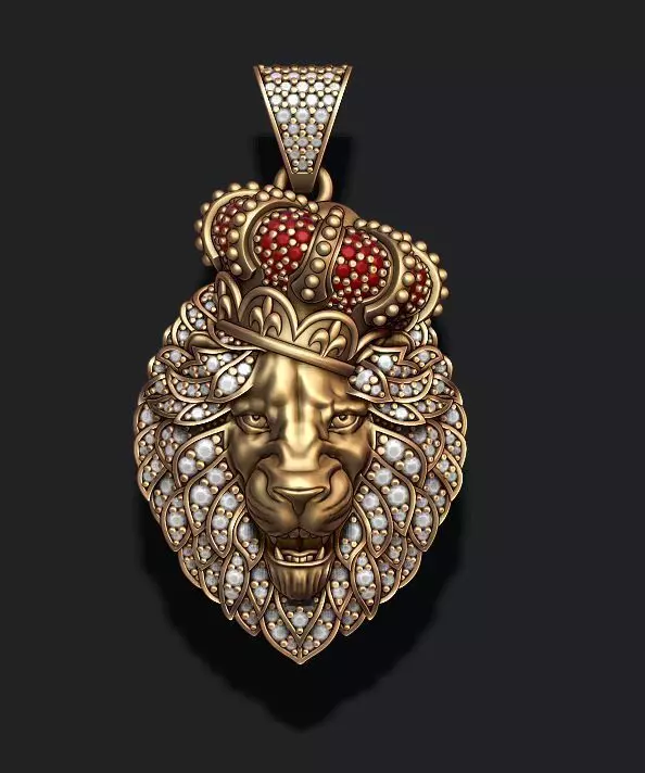 Leon pendant with royal crown diamonds and opened mouth 022 3D print model_0