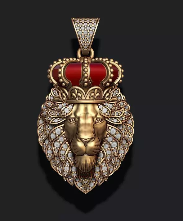 Leon pendant with royal crown diamonds and closed mouth 023 3D print model_0