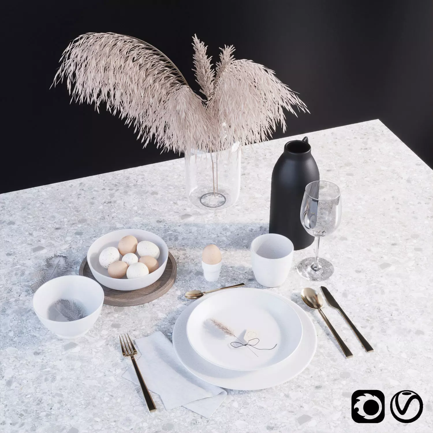 Tableware set with dry grass 3D model