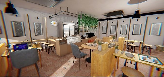 Coffee shop - interior and props Low-poly 3D model 3