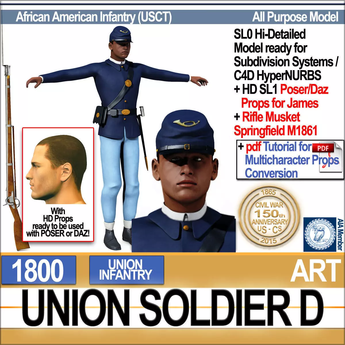 Civil War Union Soldier D African American Infantry wt PoserDaz 3D model_0