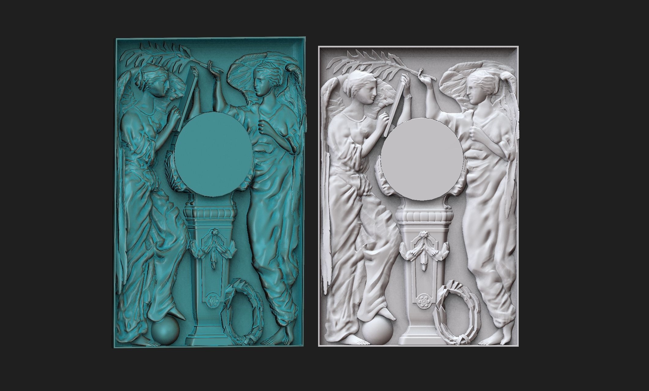 baserelief two angels in gold frame 3D print model_1