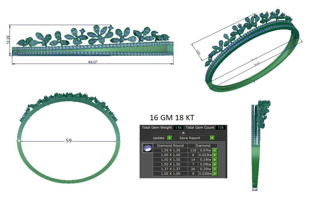Flower and Leaf Diamond Bracelet 3dm stl render detail 3D print model_2