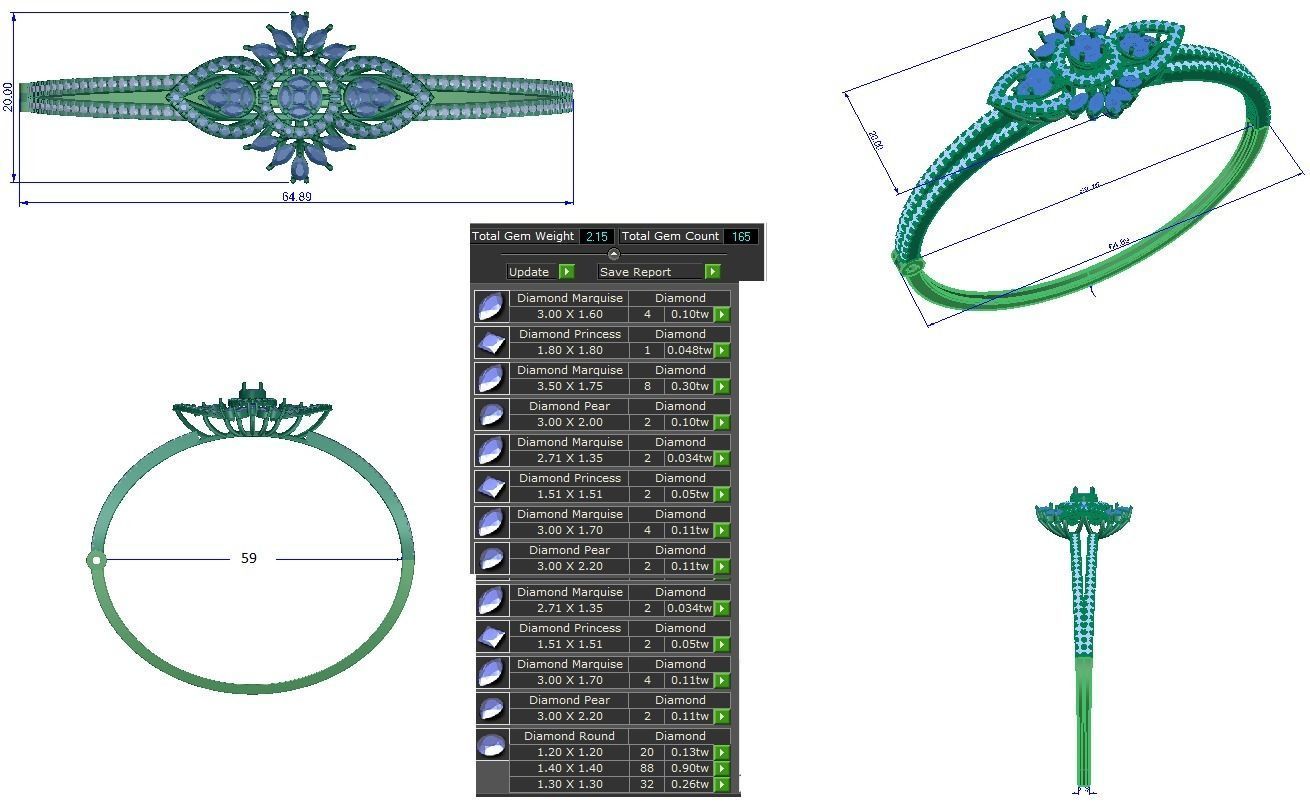 Flower and Leaf Diamond Bracelet 3dm stl render detail 3D print model_2