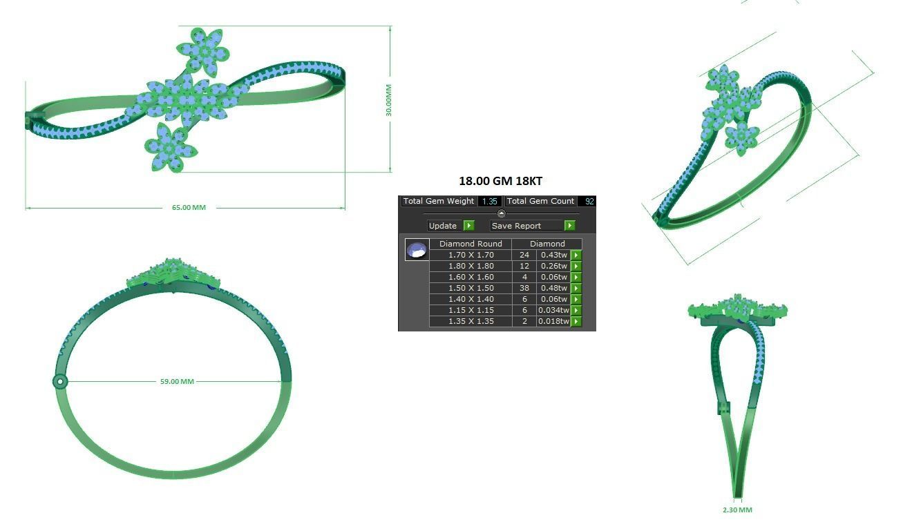 Flower and Leaf Diamond Bracelet 3dm stl render detail  3D print model_2