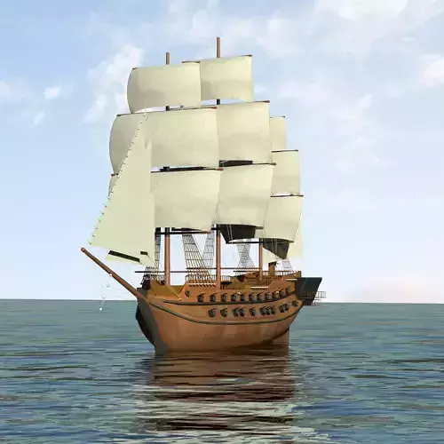 Battleship wooden sailing ship floating in ocean