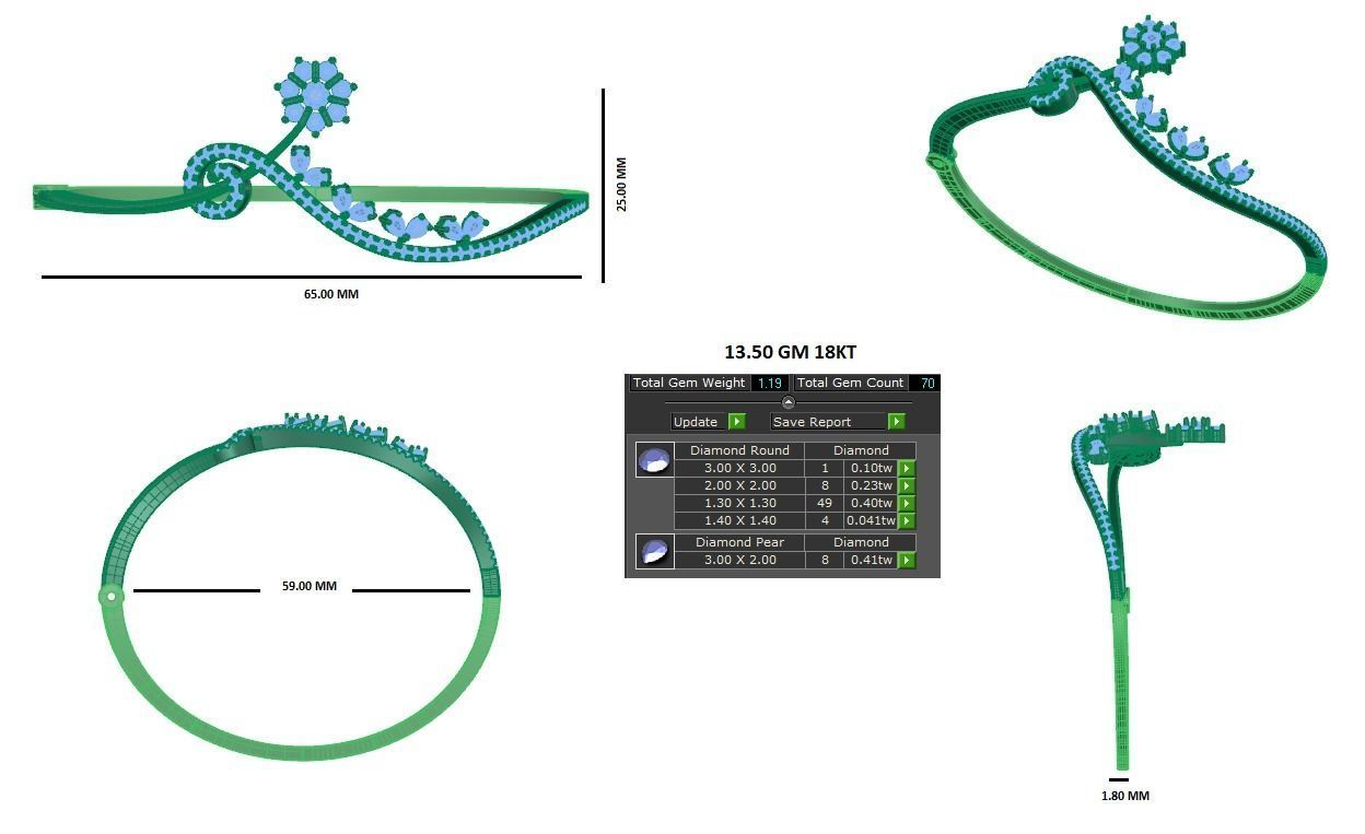 Flower Leaf Diamond Bracelet 3dm stl render detail 3D print model_2