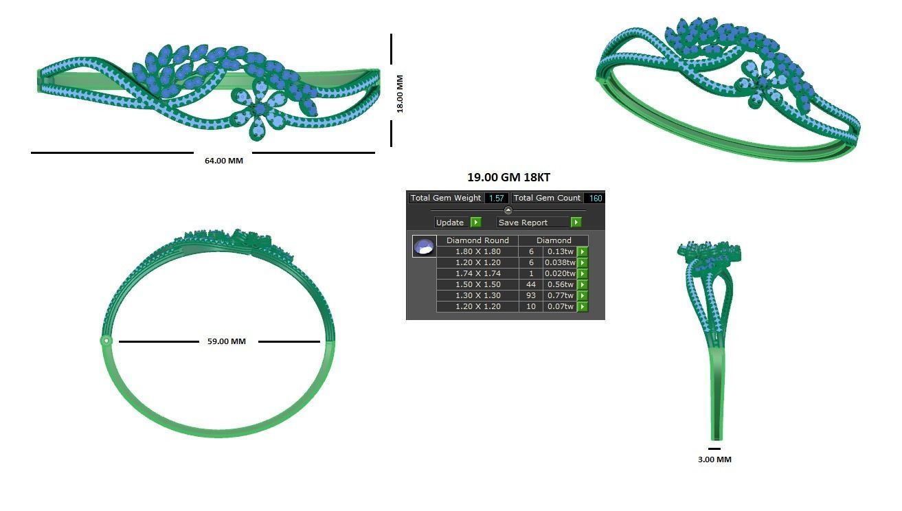 Flower and Leaf Diamond Bracelet 3dm stl render detail 3D print model_2