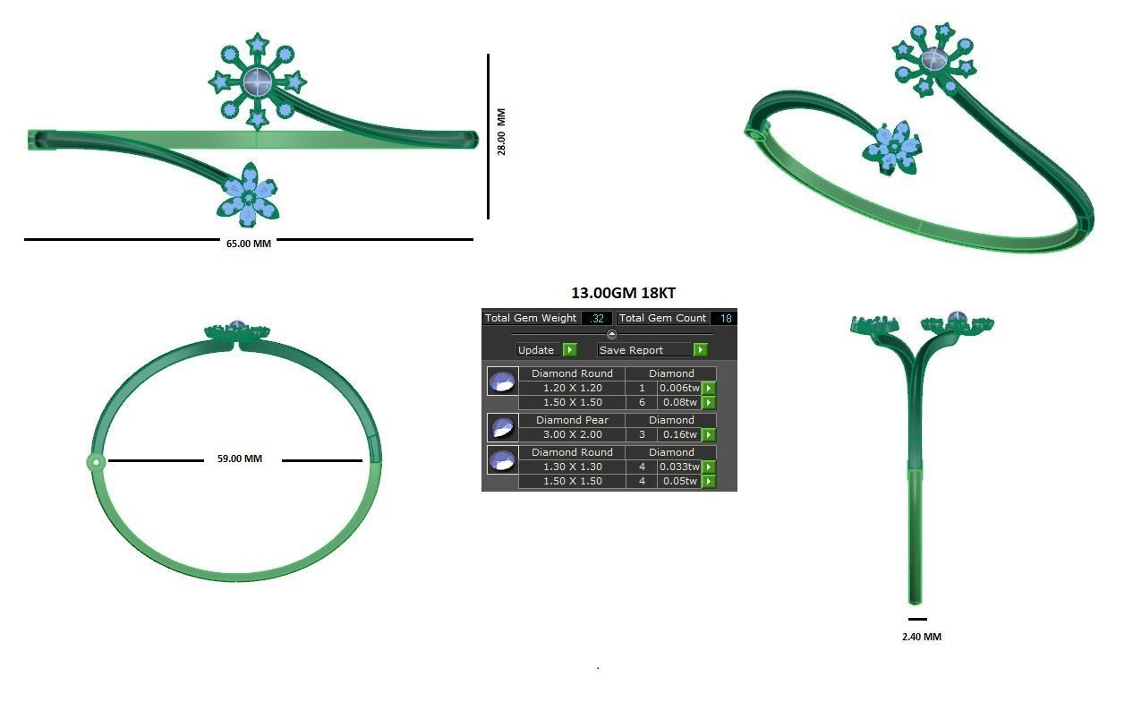 Blooming Flower Pearl Diamond Bracelet 3dm stl render detail 3D print model_3