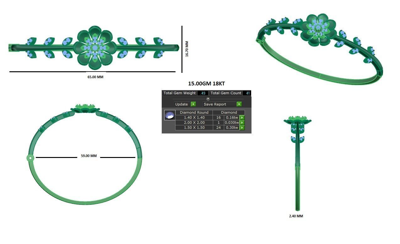 Blooming Flower and Leaf Diamond Bracelet 3dm stl render detail 3D print model_2