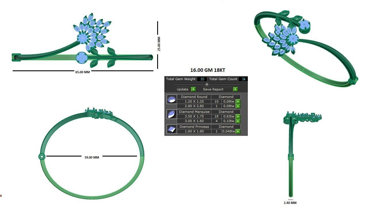 Blooming Flower and Leaf Diamond Bracelet 3dm stl render detail 3D print model_2