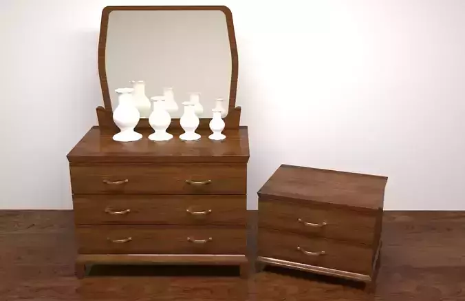 dresser with mirror and two vases