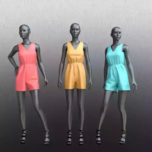 collection of jumpsuit shorts on posed female mannequins 