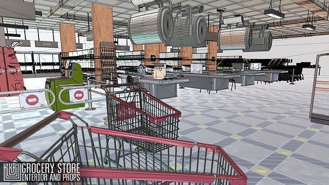 Grocery store - interior and props Low-poly 3D model 2