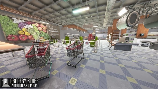 Grocery store - interior and props Low-poly 3D model 7