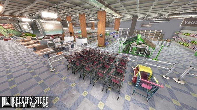 Grocery store - interior and props Low-poly 3D model 3